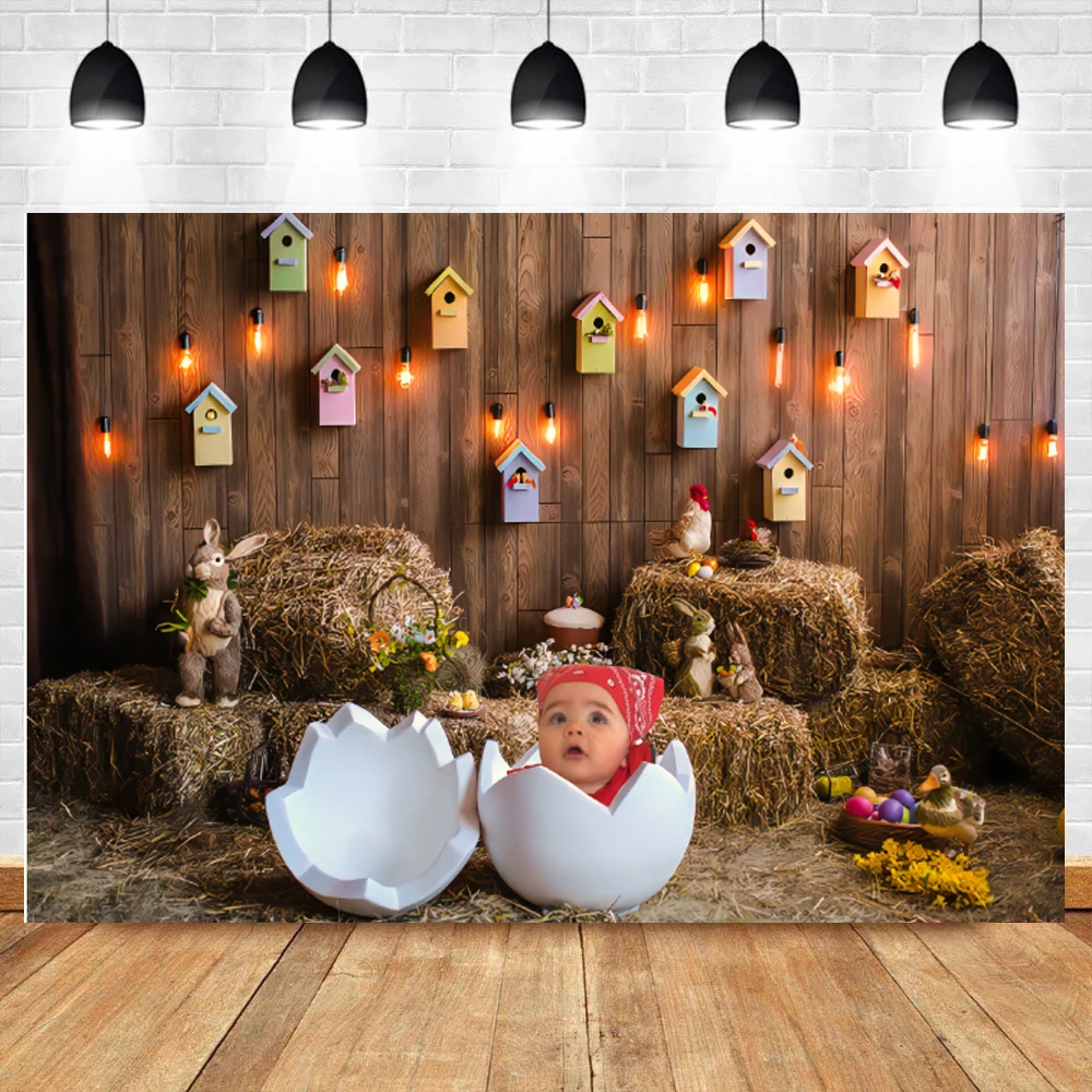 Spring Easter Backdrop Rabbit Bunny Eggs Flower Happy Easter Birthday Party Wood Board Photography Background Photo Studio