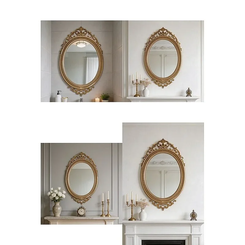 Nn European Retro Oval Wall Mounted Vanity Mirror Romantic Carved Bathroom Decorative Makeup Mirror