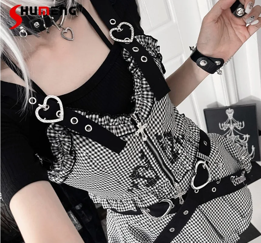 

Japanese Dark Black Style Inner Zipper Vest Embroidered Short Skirt Ladies Y2k Top Waistcoat High-waisted Mini Skirts With Belt