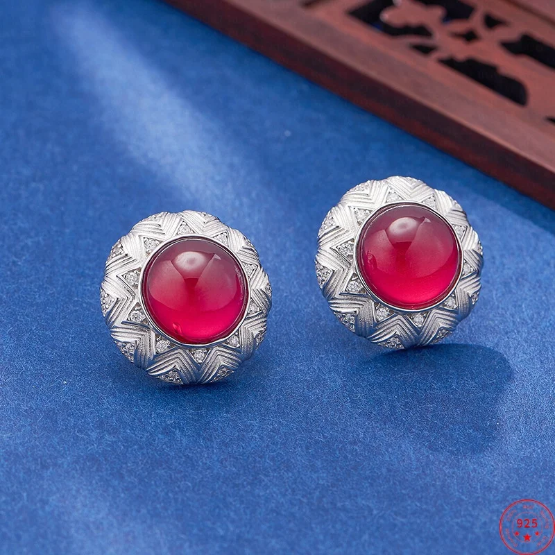 

S925 Sterling Silver Charms Studs Earrings for Women Palace Style Weaven Pattern Inlaid Red Corundum Ear Studs Fashion Jewelry