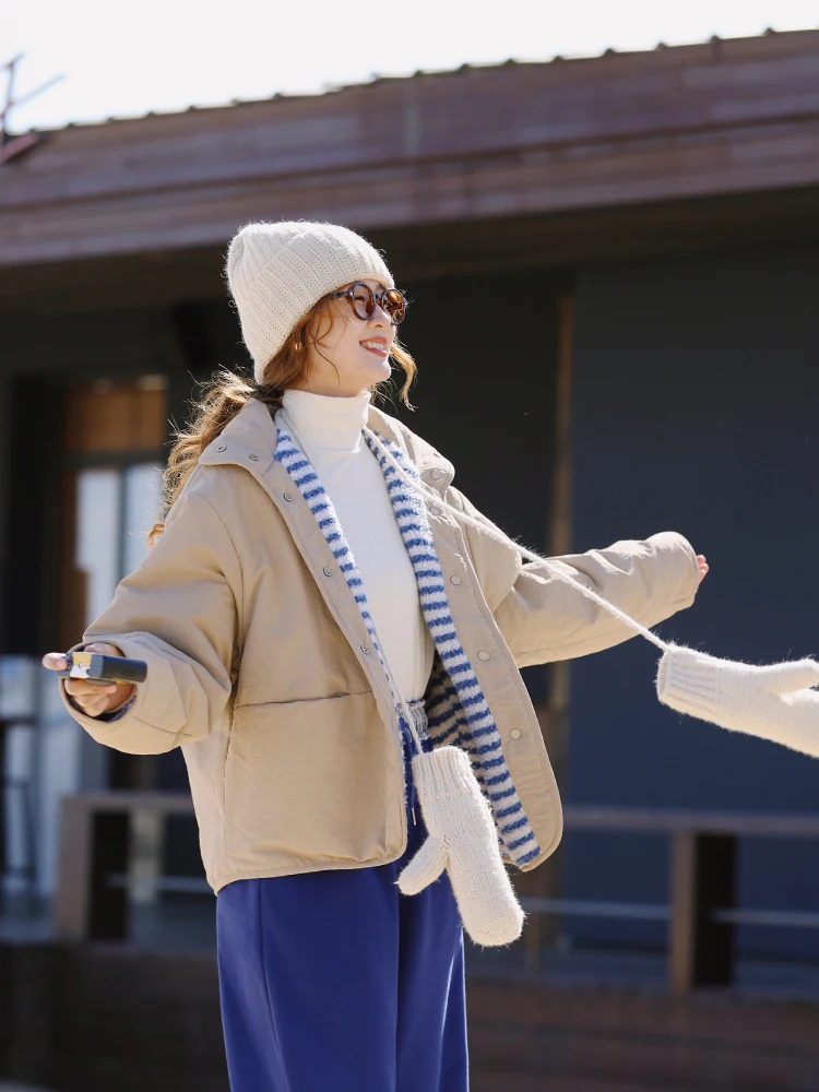 

Khaki Striped Lamb Velvet Double-Sided Wear Loose College Sle Cotton Jaet Women New Winter Cotton Clothes B893