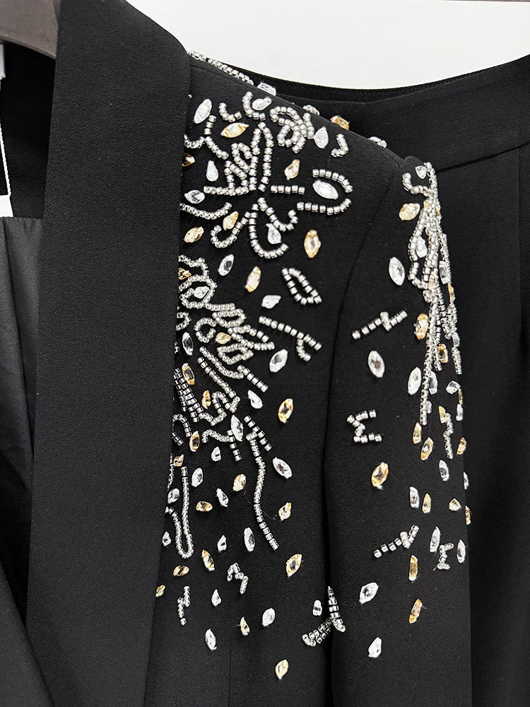 HIGH STREET-traje de diseñador para mujer, traje de diseñador con cuentas de diamantes, cuello tipo chal, chaqueta con doble botonadura, conjunto de pantalones, 2 piezas, novedad de 2025