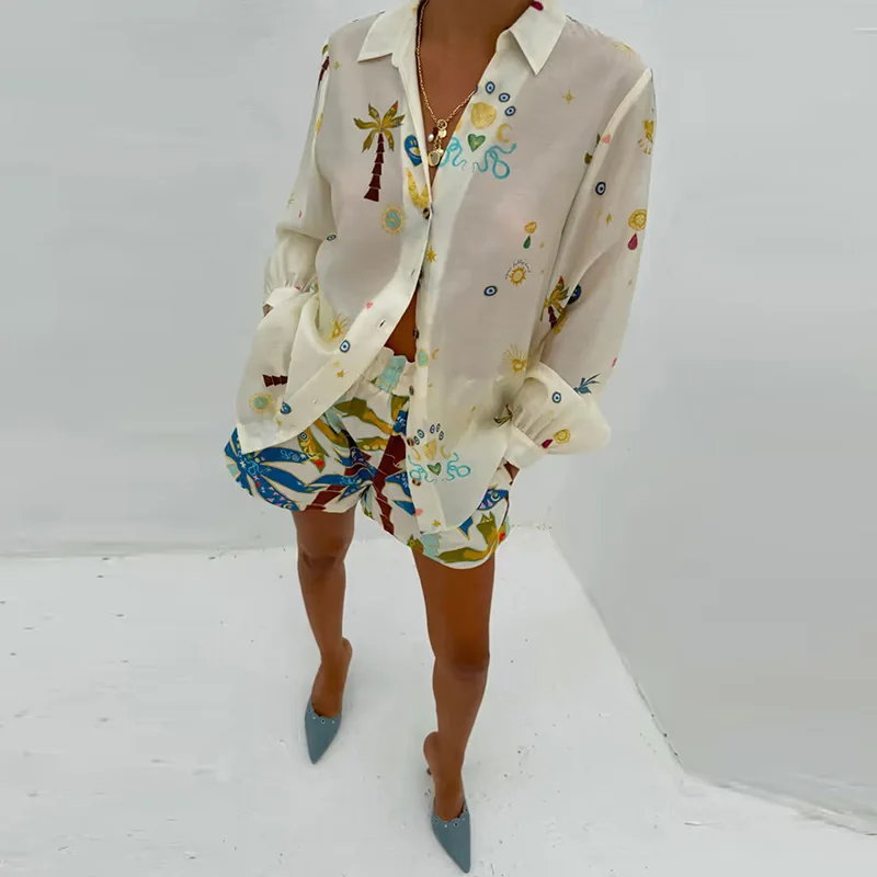 

Женская элегантная рубашка и шорты с лацканами, костюм, повседневная одежда из двух предметов с тропическими растениями, отпускная одежда, 2025 год, офисный женский комплект с карманами Mujer