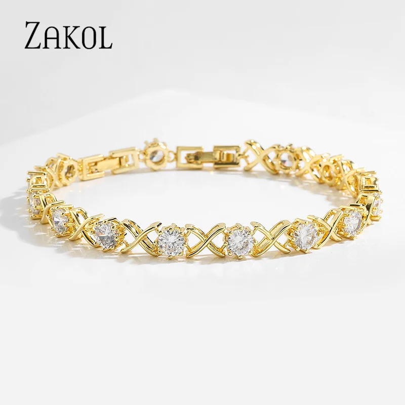 ZAKOL Zircon Cross Bracelets for Women Exquisite Round Cubic Zirconia Bangle Fashion Gold Color Wedding Party Jewelry