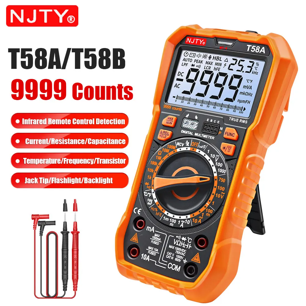 Imagem -02 - Njty Multímetro Digital 9999 Contagens Testador de Corrente de Vazamento ac dc Capacitância 100mf Ferramentas Profissionais para Eletricista