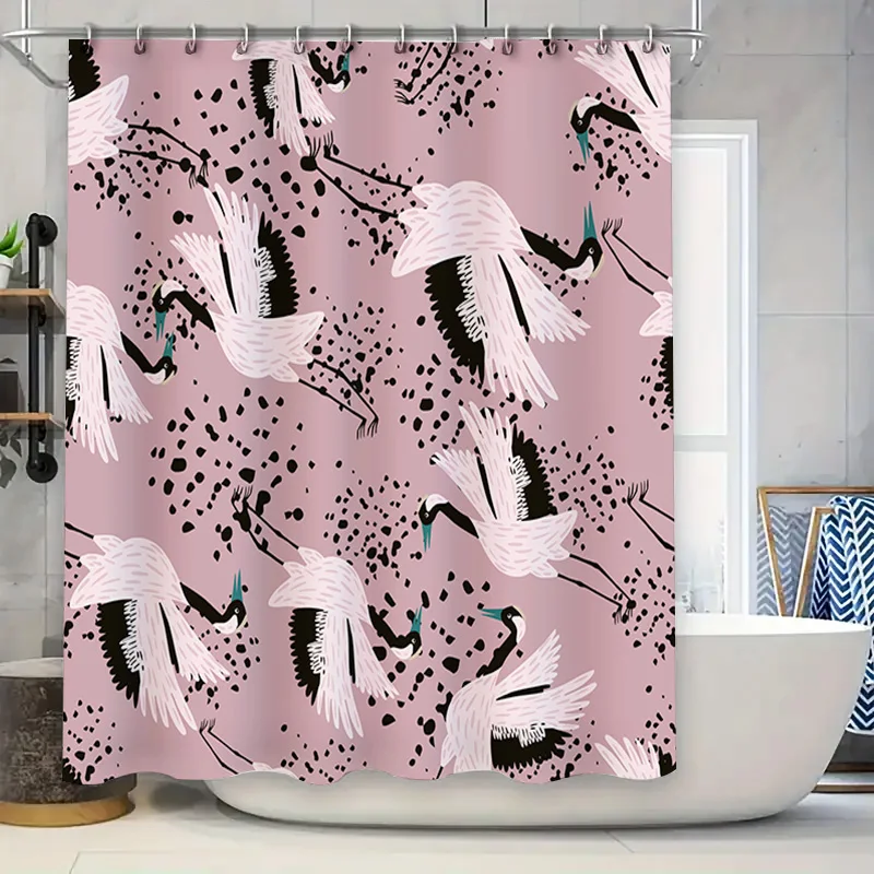 

Modern Bathtub Shower Curtain White Black Pink Crane Print Pattern for Bathroom Decor Water-Resistant Fabric Shower Doors Liners