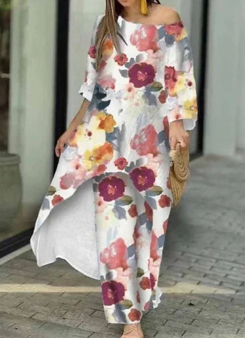 Two Piece Set Women Outfit 2023 Spring Fashion Casual Loose Irregular Print Round Neck Long Sleeve Top & Wide Leg Pants Suit