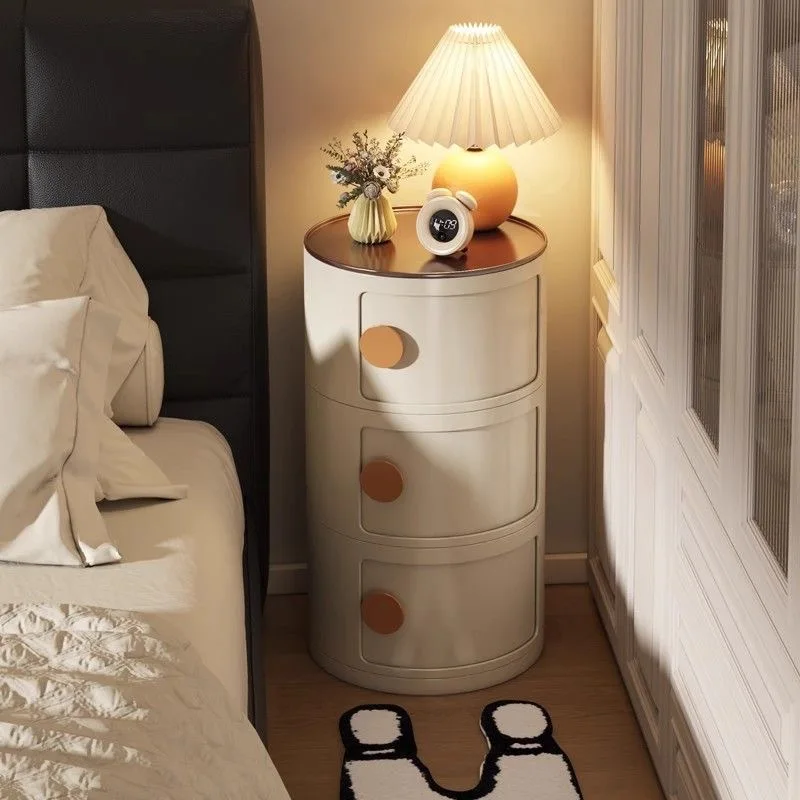 

Cream style storage cabinet mini ins modern plastic round bedside table small bedroom simple storage cabinet