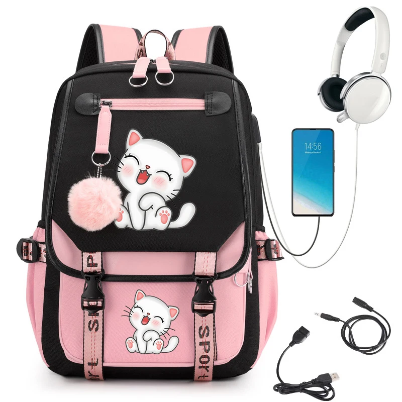 Cute Cat School Bag para Adolescentes e Mulheres, Mochila Kawaii Kitten, Bolsa para laptop, USB, Rosa, Meninas, Estudante