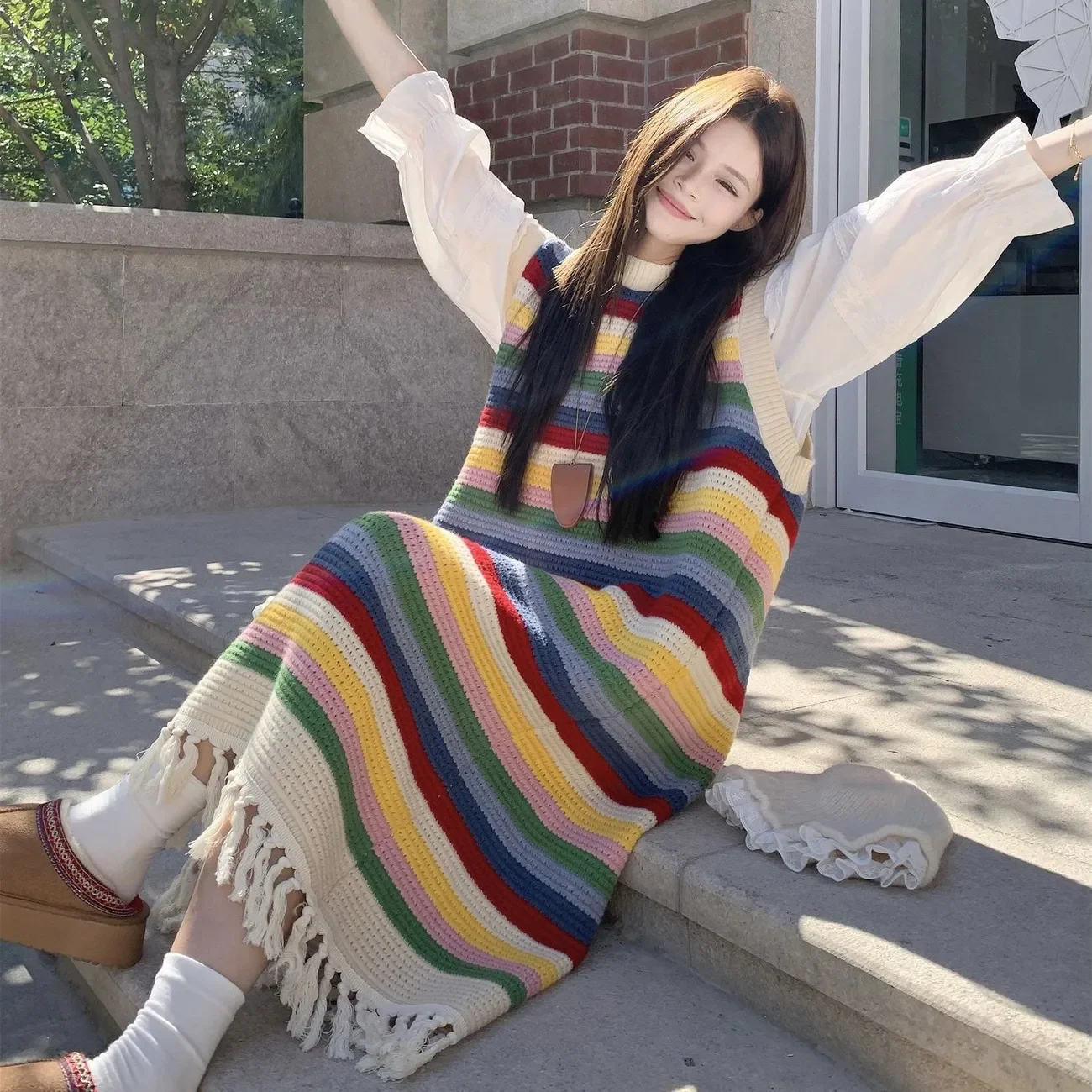 

Sweet Striped Knitted Vest Dress 2025 Spring and Autumn Suit Long Sleeve White Shirt Two-Piece Suit for Women