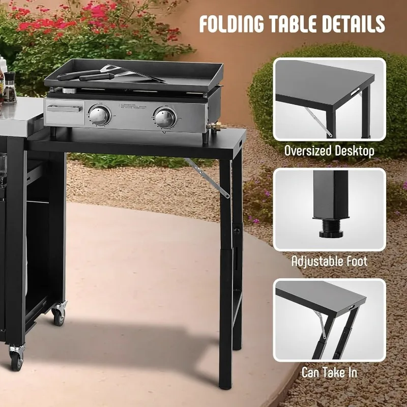 Removable BBQ Grill with Cabinets Outdoor Kitchen Foldable Side Table Stainless Steel Countertop Cart 5