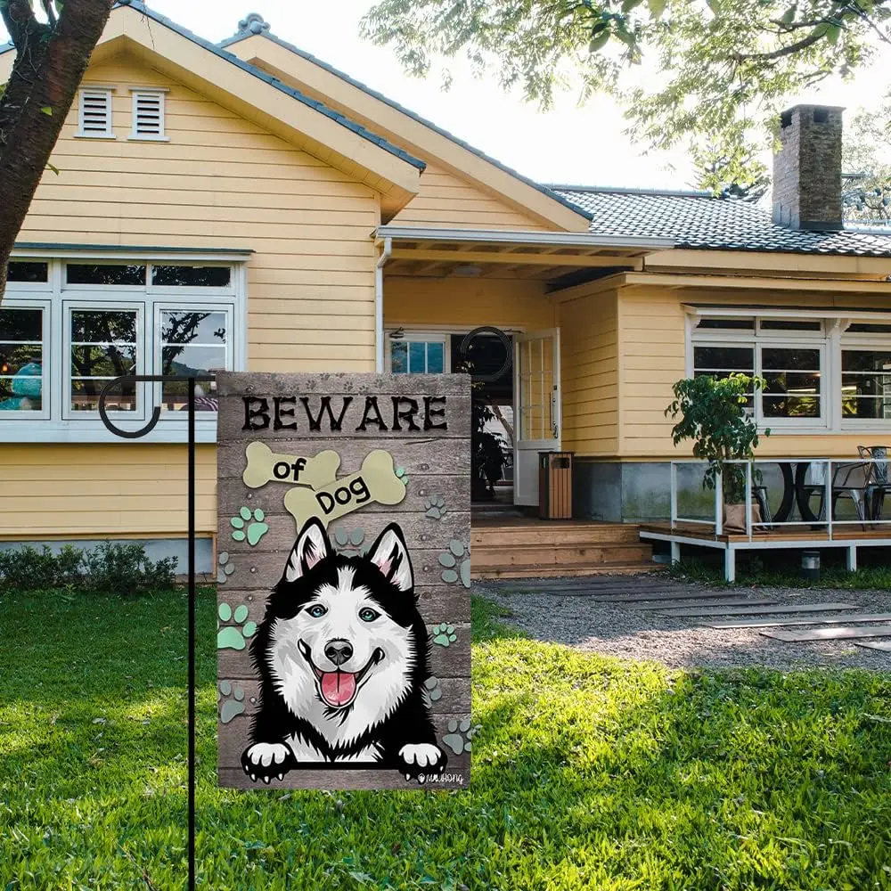 Cute Peeking Dog House Flag Be Ware of Dog Australian Shepherd Puppy Paw Wooden Style Farmhouse Banner for Indoor and Outdoo EEZ
