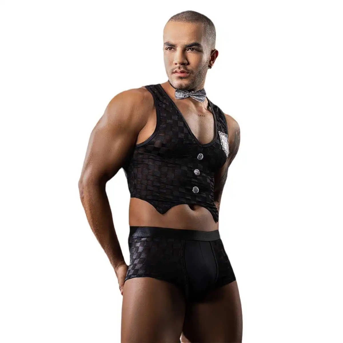 Costume de femme de chambre sexy deux pièces pour hommes, lingerie masculine, sous-vêtements, hormone de boîte de nuit, olympiques de jeu de rôle, tenues gencichaudes, vente en gros