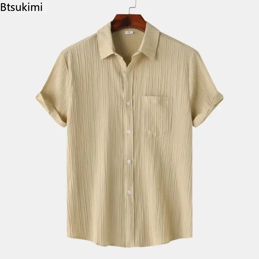 2025 New Men's Solid Striped Shirts Summer Fashion Short Sleeve Simple Lapel Tops Male Casual Holiday Daily Wear Camisas Homme