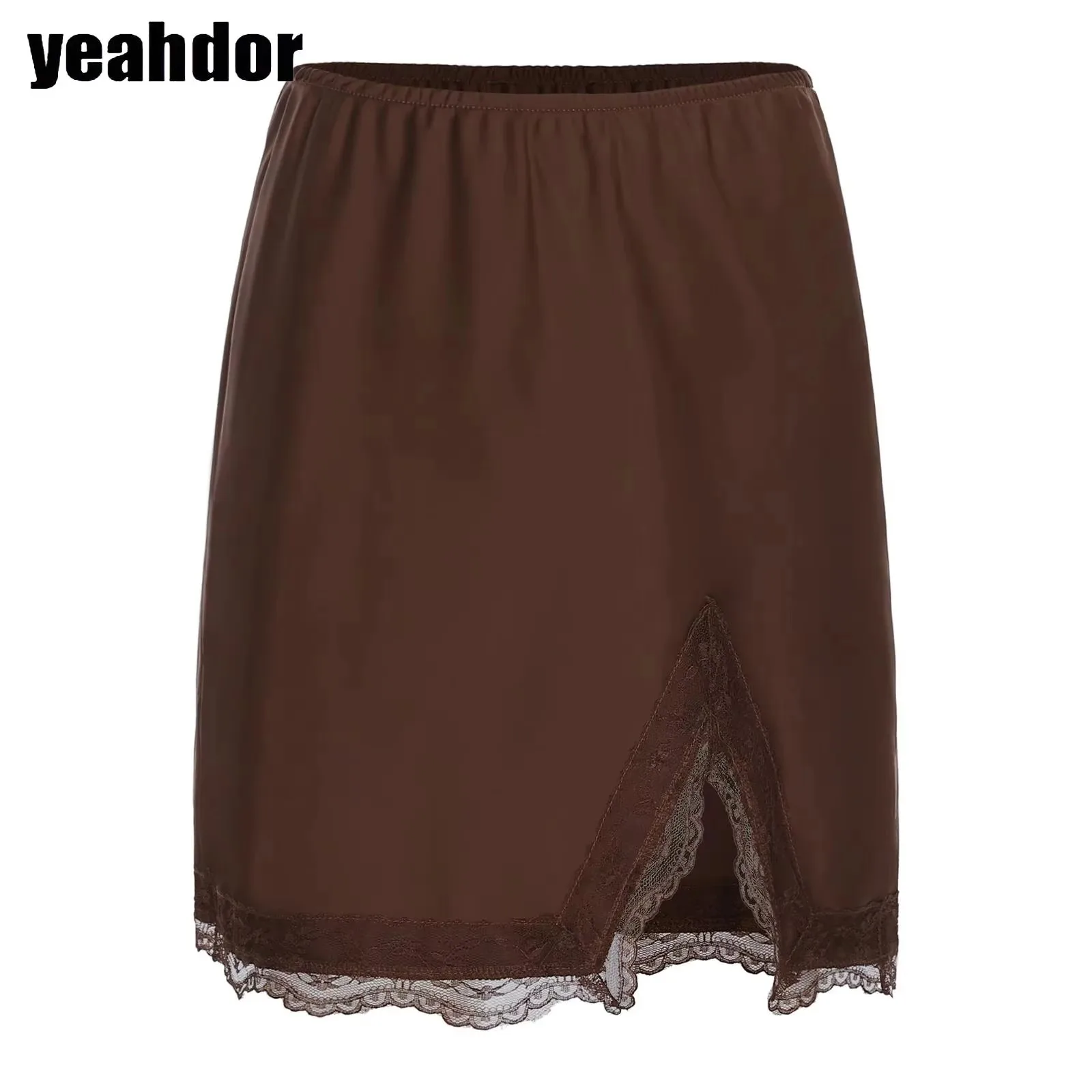 

Women High Waist Mini Skirt Satiny Lace Skirt Elastic Waistband Half Slip Split Underskirt Bodycon Skirt Blouses Shirts Clubwear