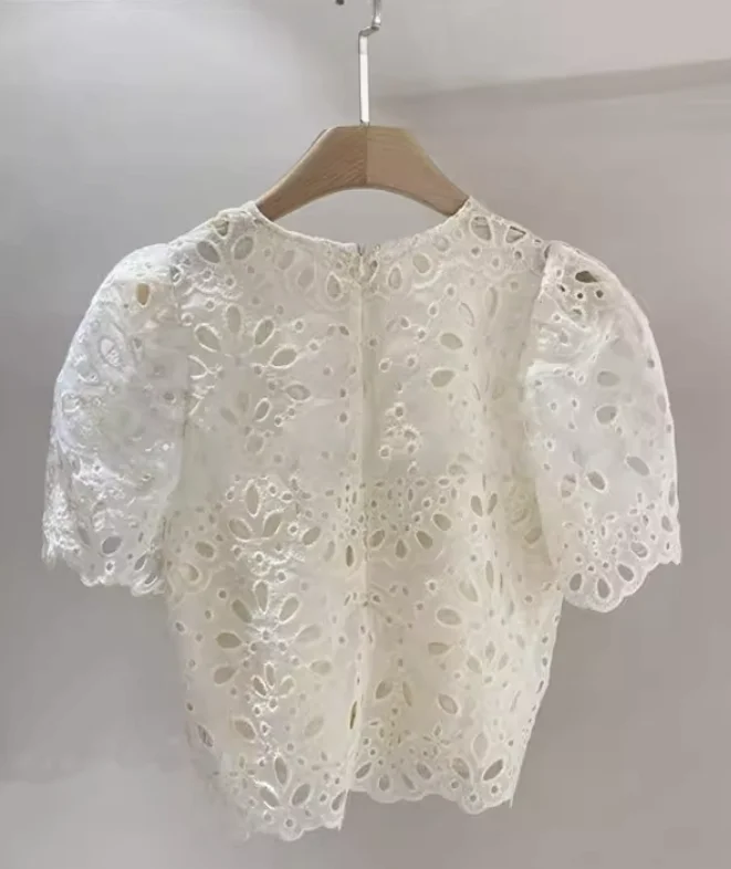 KUSAHIKI South Korea Summer New Puff Sleeve Solid Color Round Neck Hook Flower Hollow Lace Shirt Top Shirts Women