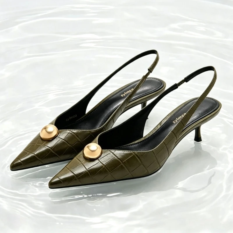 Unique Embossed Slingback Pumps Women Elegant Pointed-Toe Metal Decoration Designer Shoes Comfortable Kitten-Heel Office Shoes