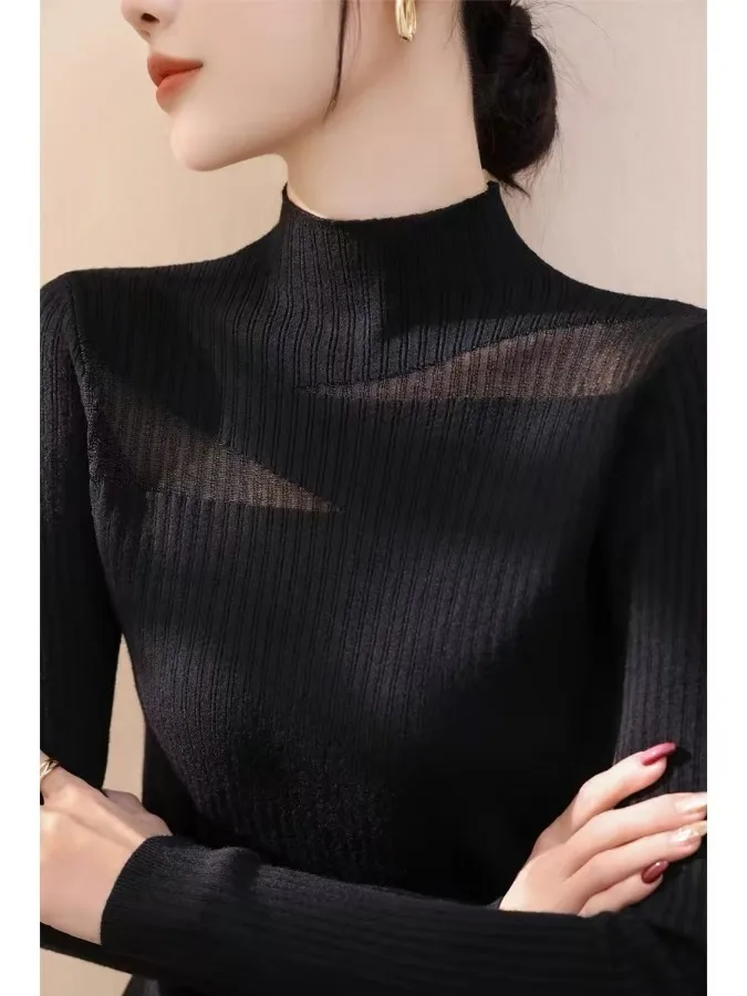 

Высококачественный женский вязаный свитер в европейском стиле из шелка и шерсти с высоким воротником, базовый слой, топ на осень-зиму в Гуанчжоу