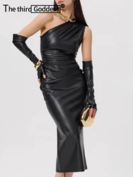 Sexy backless folds black leather dress women summer elegant birthday party dress womens vestidos midi bodycon evening dresses