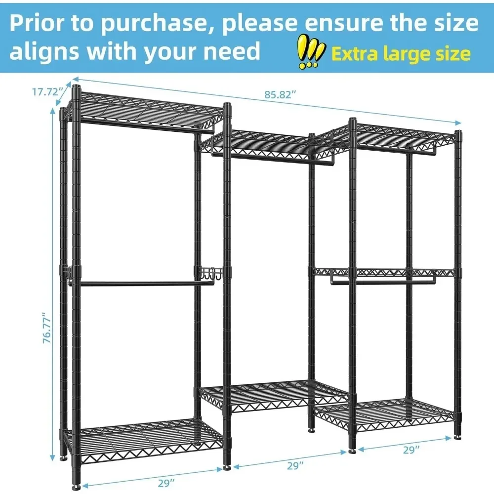 Wardrobe, portable wardrobe rack, 7-layer metal wire rack, black hanger with 5 hanging rods and hooks, wardrobe