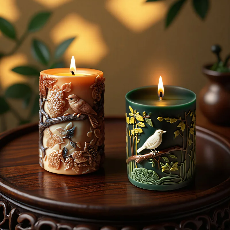 

2pcs Birds on Flowers Silicone Mold for Cylinder Scented Candles, Embossed Plaster Decor, DIY Craft