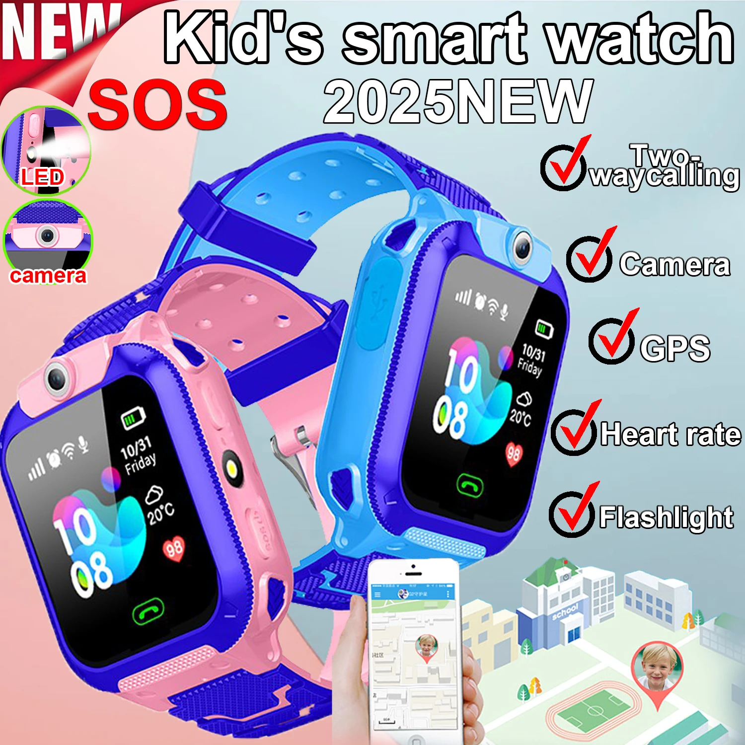 

Kid SmartWatch LED SOS Two-way Call Sim Card GPS Location Child SmartWatch Camera flashlight Waterproof heart rate Upgrade Watch