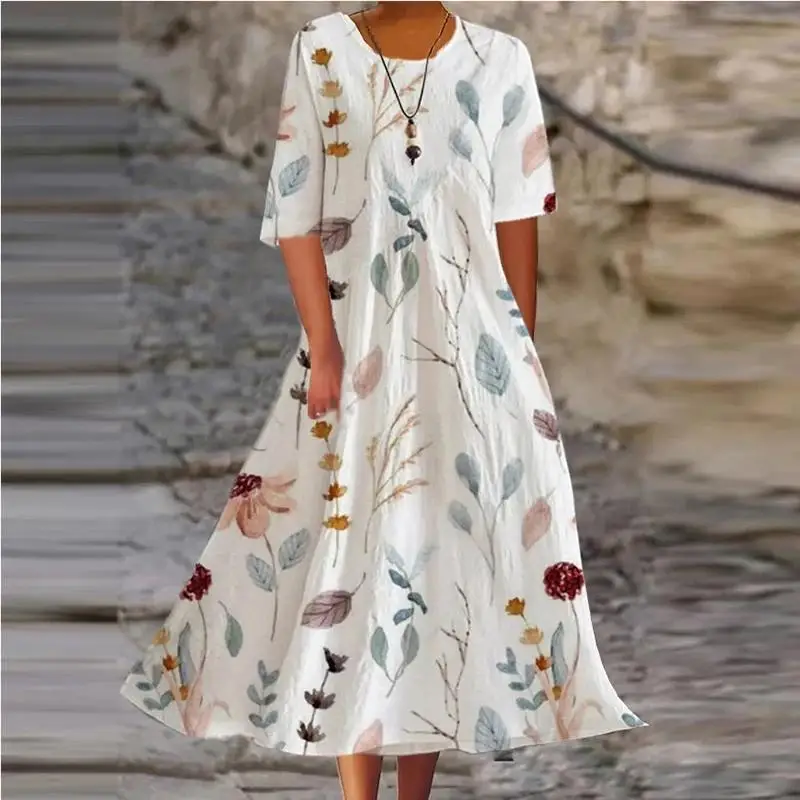 

Vintage Floral Print Half Sleeve Party Dress Ladies 2024 O-neck Commuting A-Line Pullover Dress Retro Women Autumn Evening Dress