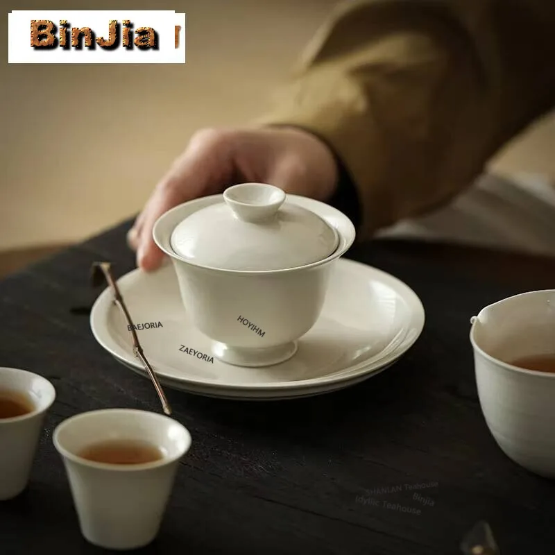 Plant Ash Solid Color Handmade Cover Bowl Household High Foot Gaiwan Antique Anti Scald Tea Tureen Tea Brewing Cafes Ornaments