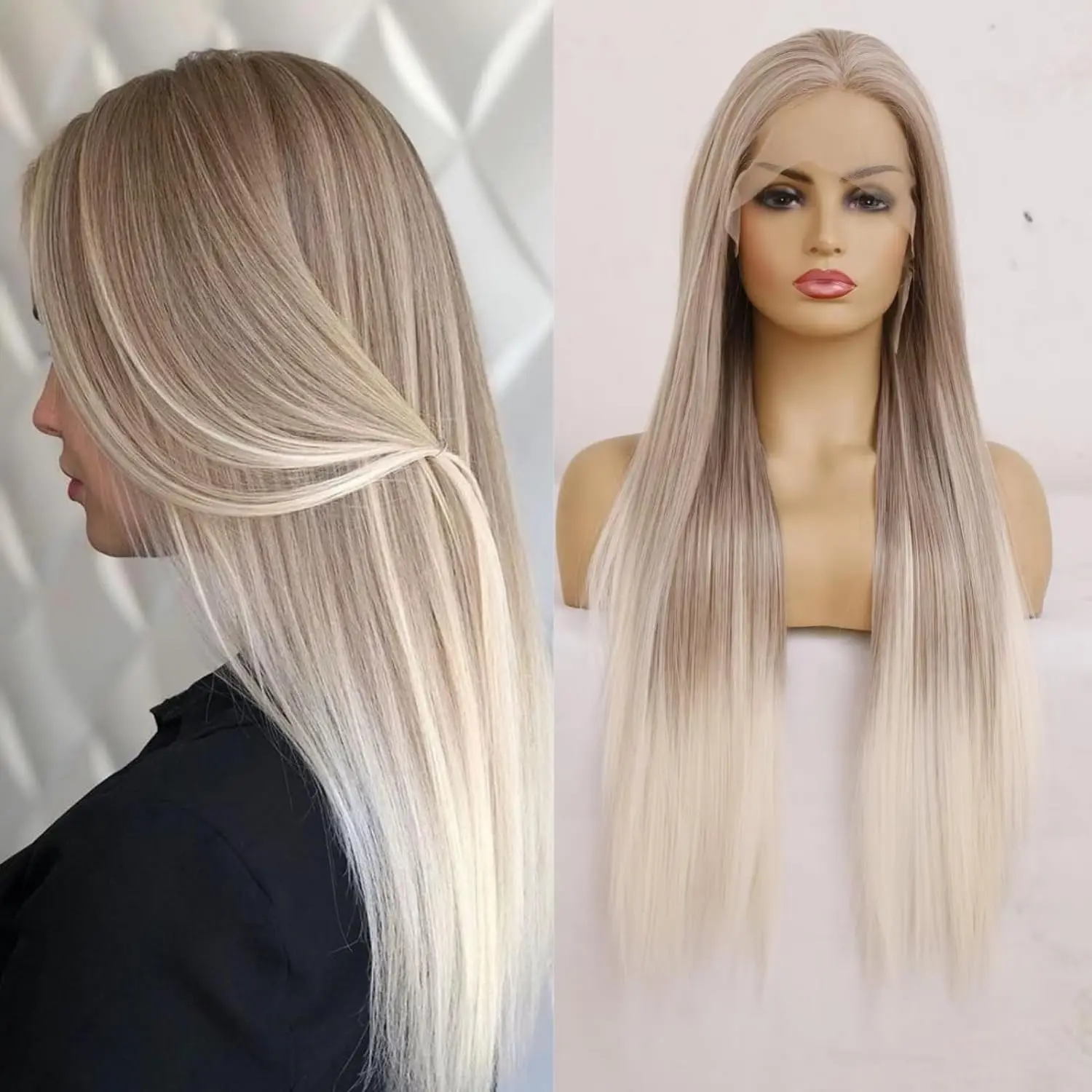 

RDY Ombre Wig Blonde Synthetic Lace Front Wig Long Straight Glueless Natural Hairline Highlight Hair Frontal Wigs for Women