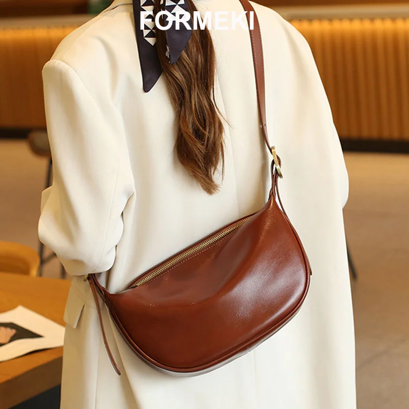 

Formeki Real Leather Bag Ins Fashion High Quality Solid Color Banana Bag Luxury Design Ladies Female Bag