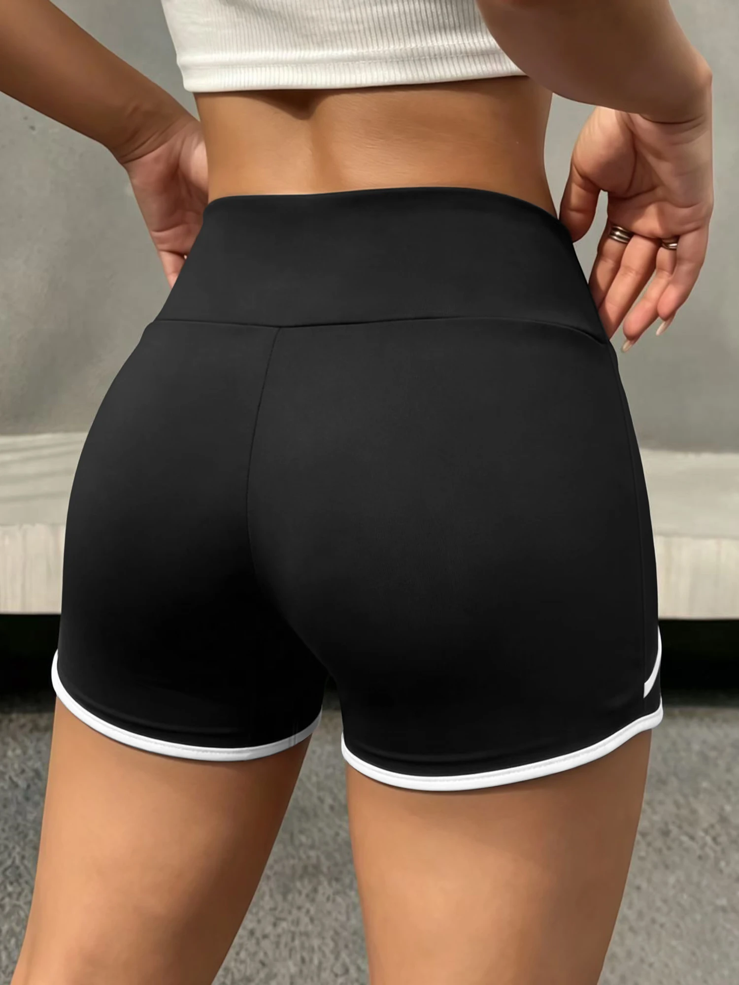 Women High Waist Skinny Biker Shorts Contrast White Hem Soft Stretch Casual Daily Short Pants