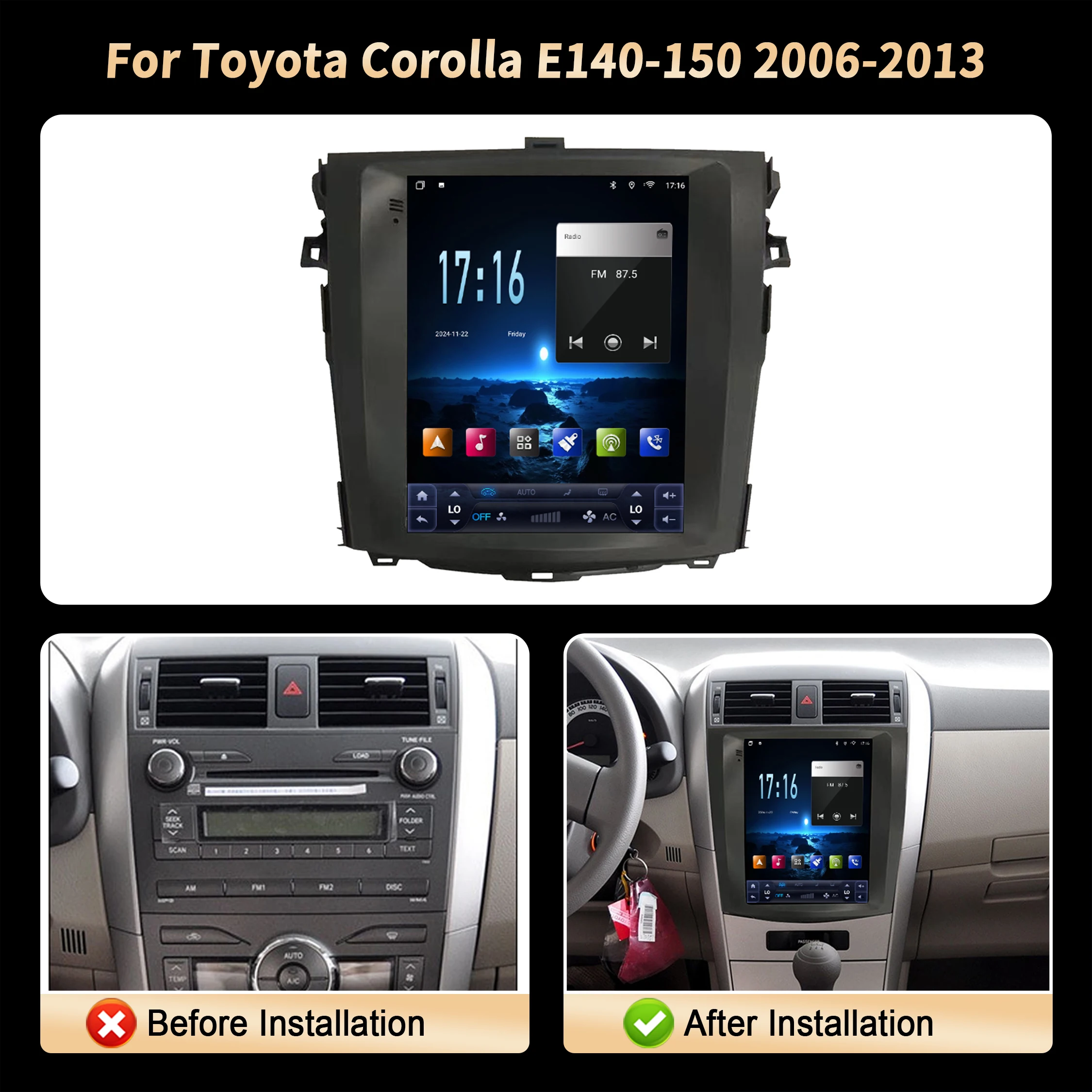 9.7inch Car Radio Multimedia For Toyota Corolla E140-150 2006 2007 2008 2009-2013 Android Wireless BT Carplay QLED Screen