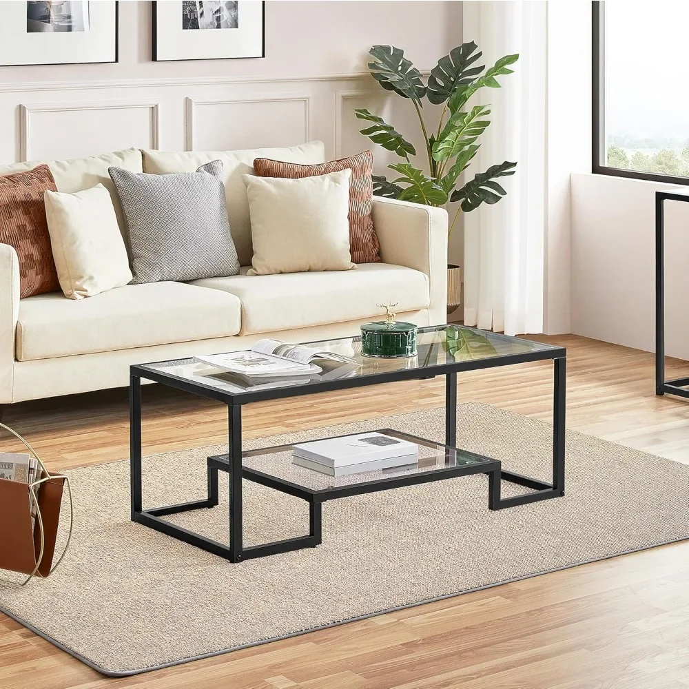 Tempered Glass Coffee Table, Modern Simple Center Table w/Geometric-Inspired Design & Metal-Frame & Assembly