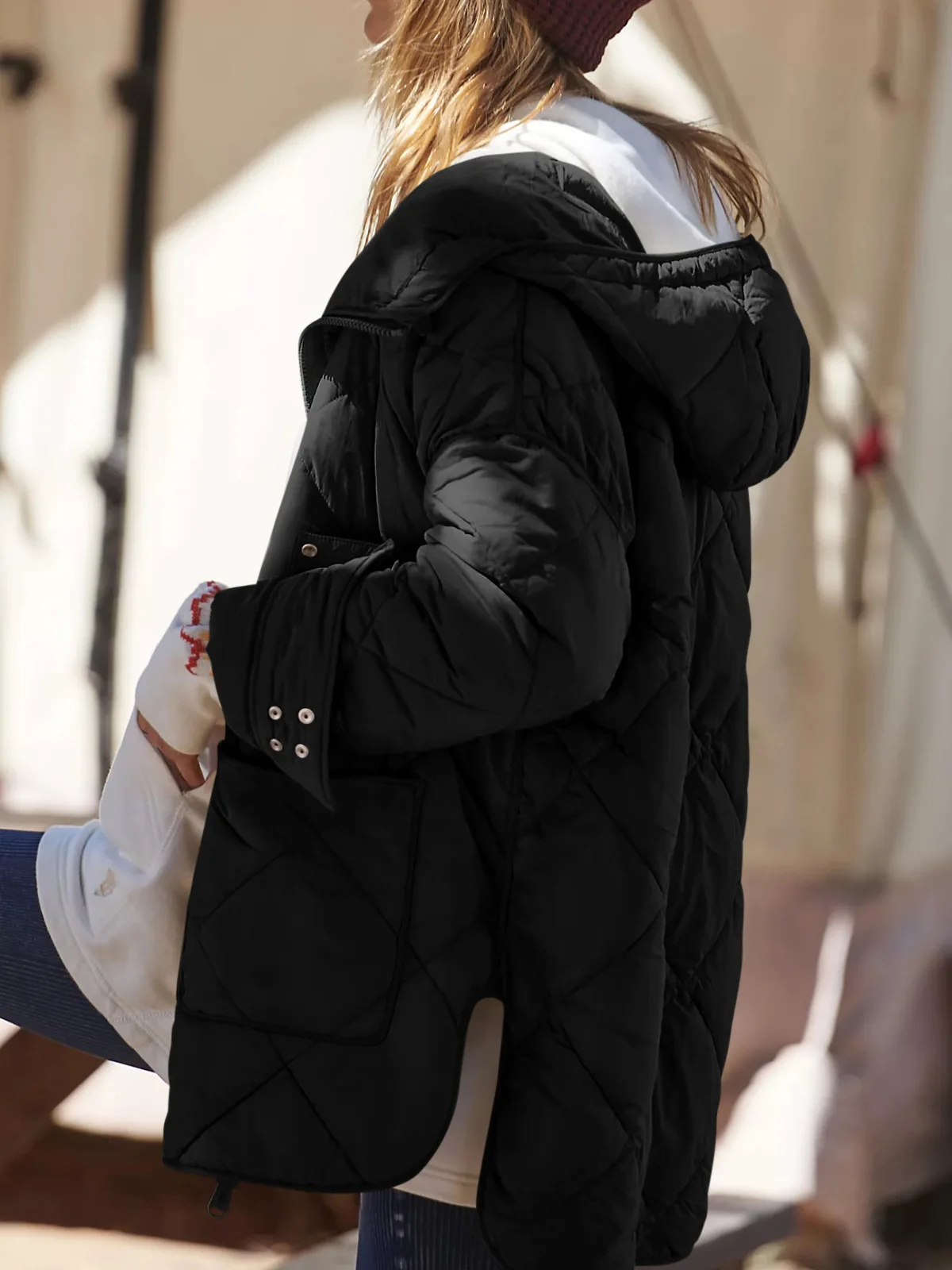 Solid Color Fashion Diamond Grid Large Pocket Slit Cotton Coat Loose Hooded Long Sleeved Zipper Warm Jacket