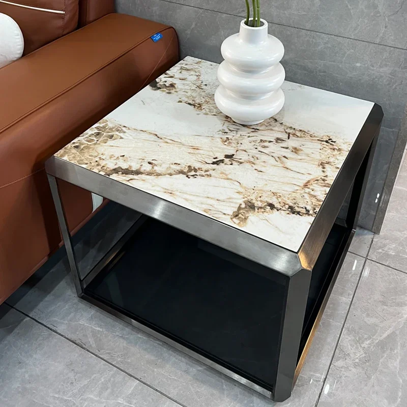 بسيط رمادي أسود التيتانيوم المصقول الفولاذ المقاوم للصدأ الزجاج لوح الصخور الزاوية عدد قليل من غرفة المعيشة مربع عدد قليل من الخزانات الجانبية ذات الطبقة المزدوجة #5