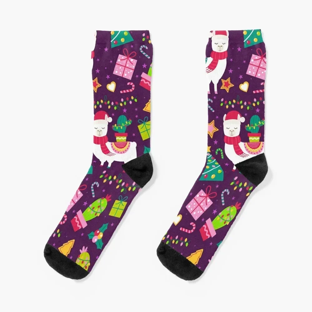 Christmas pattern of llamas, cactus, gifts, Christmas trees, holly, mistletoe, Christmas lights Socks cool Male Socks Women's