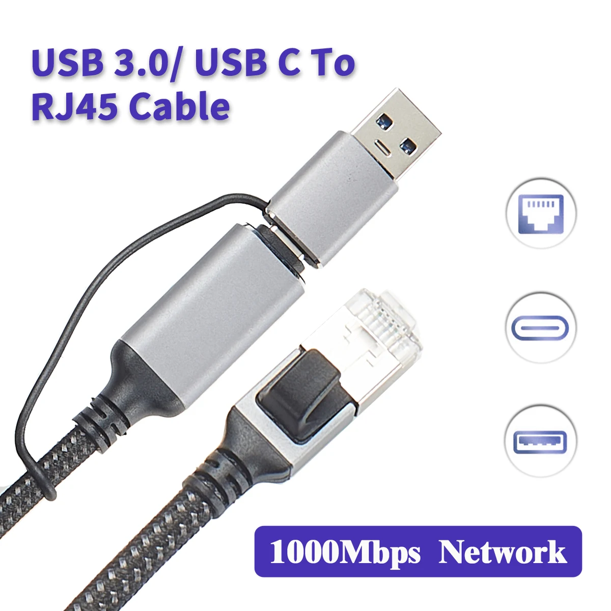 2 in 1 USB C to Ethernet CAT6 Cable USB 3.0 to RJ451000Mbps usb networking cable USB 3.1 to RJ45 Gigabit LAN Network Cable