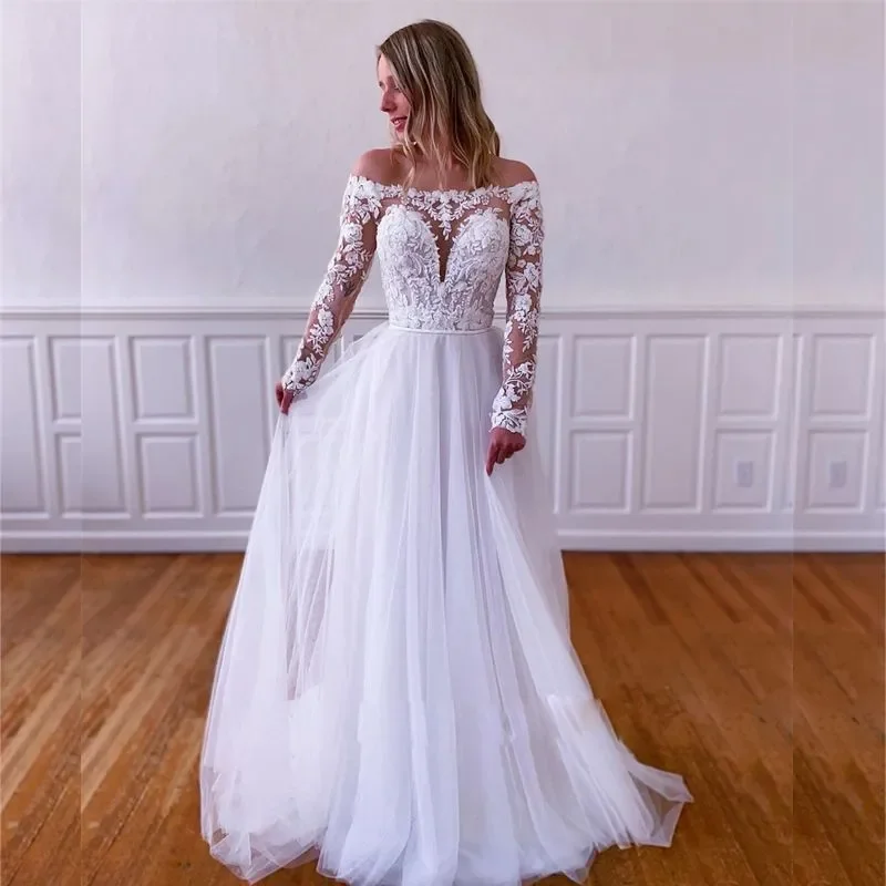 Robe de mariée en tulle à manches longues, robe de mariée trapèze, dentelle appliquée, bouton au dos, grande taille, sexy, vintage, illusion initiée