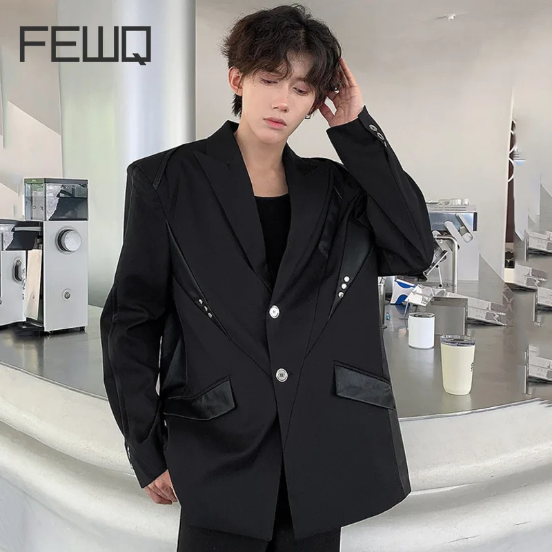 

FEWQ Shoulder Pad Deconstruction PU Leather Splicing Men Suit Jacket 2024 Solid Color Single Breast Male Tops Fashion 24E2096