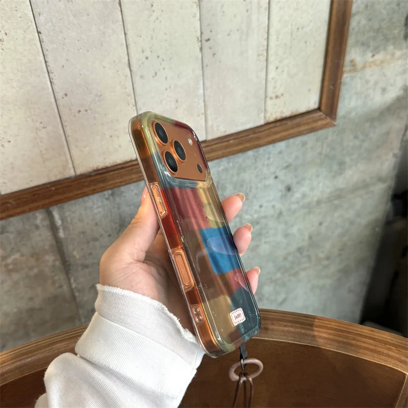 Funda de teléfono con bloques de colores artísticos para iPhone 17 Pro 15 16 14 Pro Max, Funda con cadena de cuentas, Fundas protectoras bonitas a prueba de golpes