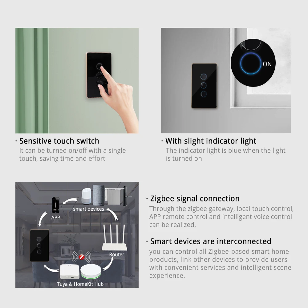 Yagusmart Tuya Zigbee Smart Tempered Glass Wall Panel Light Touch Switch Alexa Google Home Siri Control Zemismart Homekit Switch