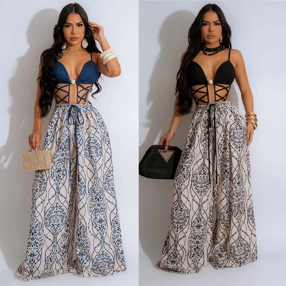 Sexy Hollow Out Jumpsuits 2024 Summer Clothes Women Bodysuit Elegant Luxury Bodycon One Piece Flare Wide Leg Pants Jumpsuit