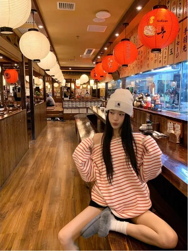 

Casual Stripe Long Sleeve Women's Sweater Shoulder Style Autumn Winter New Loose Slimming Leisure Match All Sweater Coat