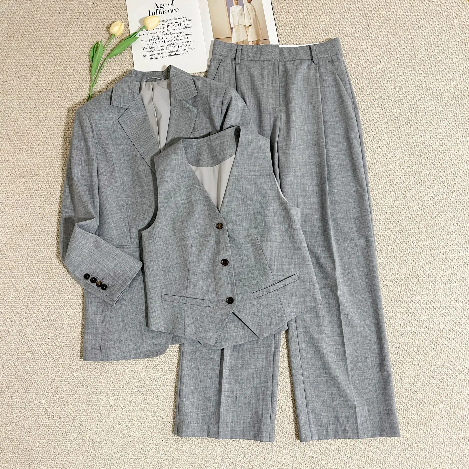 2024 Light Luxury New Gray Herringbone Suit Three-Piece Wool Casual Comfortable Suit Versatile Women