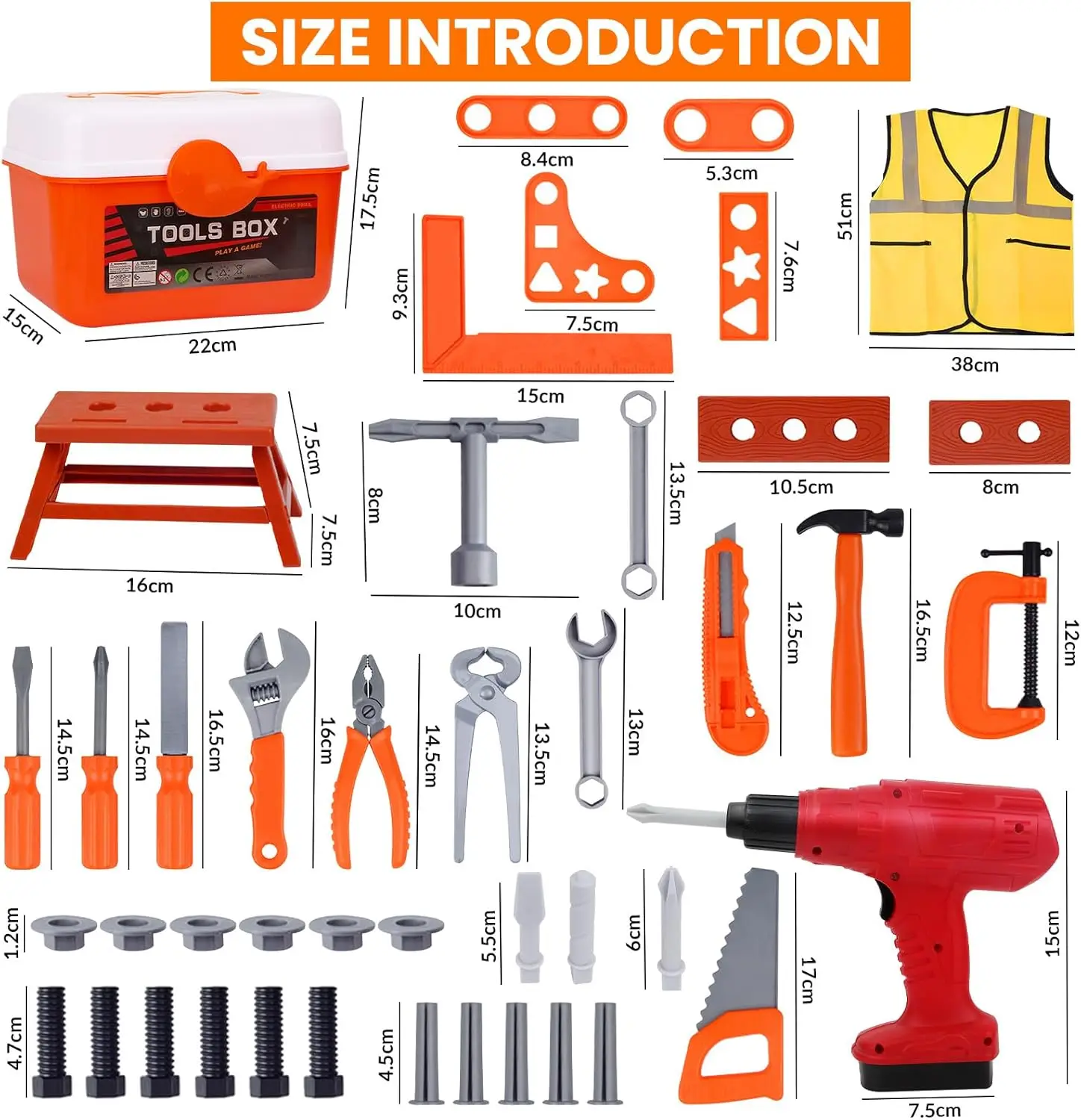 Set di attrezzi Giocattolo per bambini 39/42 pezzi Fai finta di giocare Giocattolo da costruzione per bambini, include set di giocattoli, regalo per ragazzi e ragazze di 2 -13 anni
