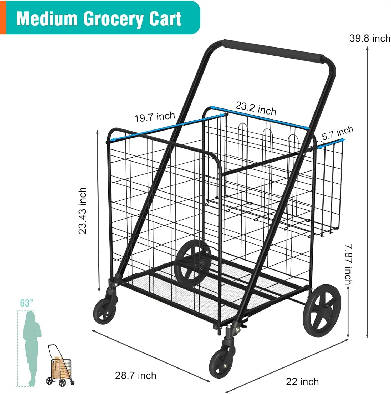 Carrito de compras plegable para comestibles, carrito de comestibles de gran capacidad, 360 °   Ruedas giratorias enrollables