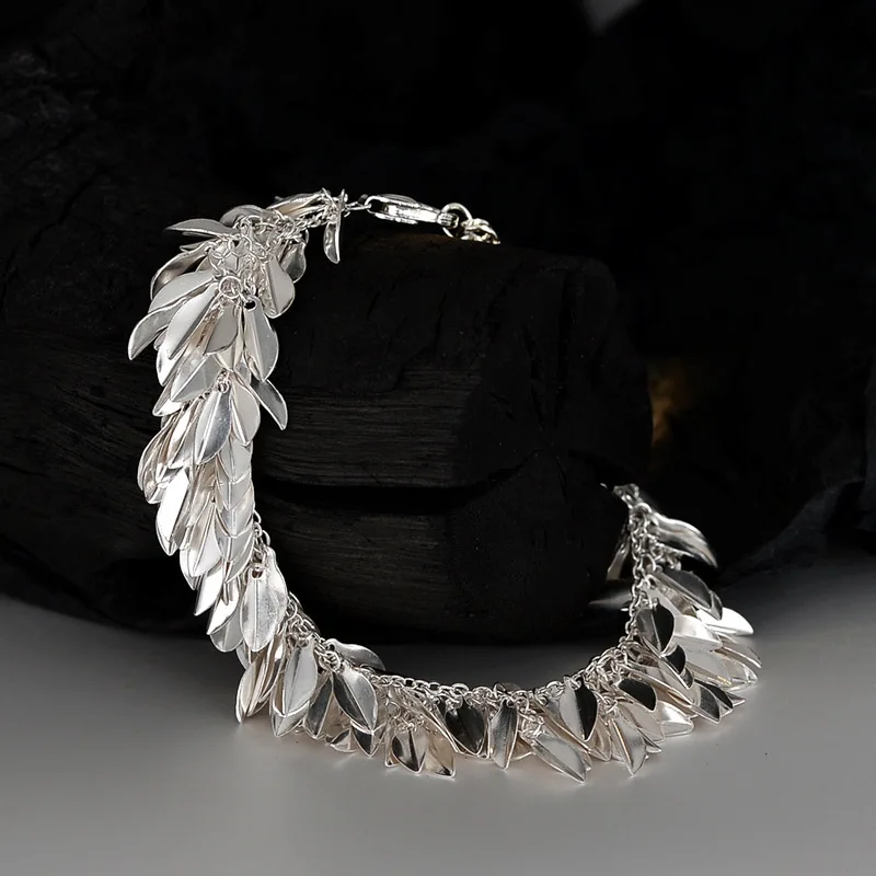 F.I.N.S Unique Grass Skirt Series Design Pure S925 Sterling Silver Bracelet Leaves Tassel Adjustable Hand Boho Fine Jewelry