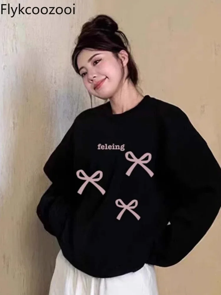 

China Bow Print Hoodie Women Autumn Slouchy Gentle Style Long Sleeve T-shirt Oversize Round Neck Top LOOSE FIT Sweatshirts
