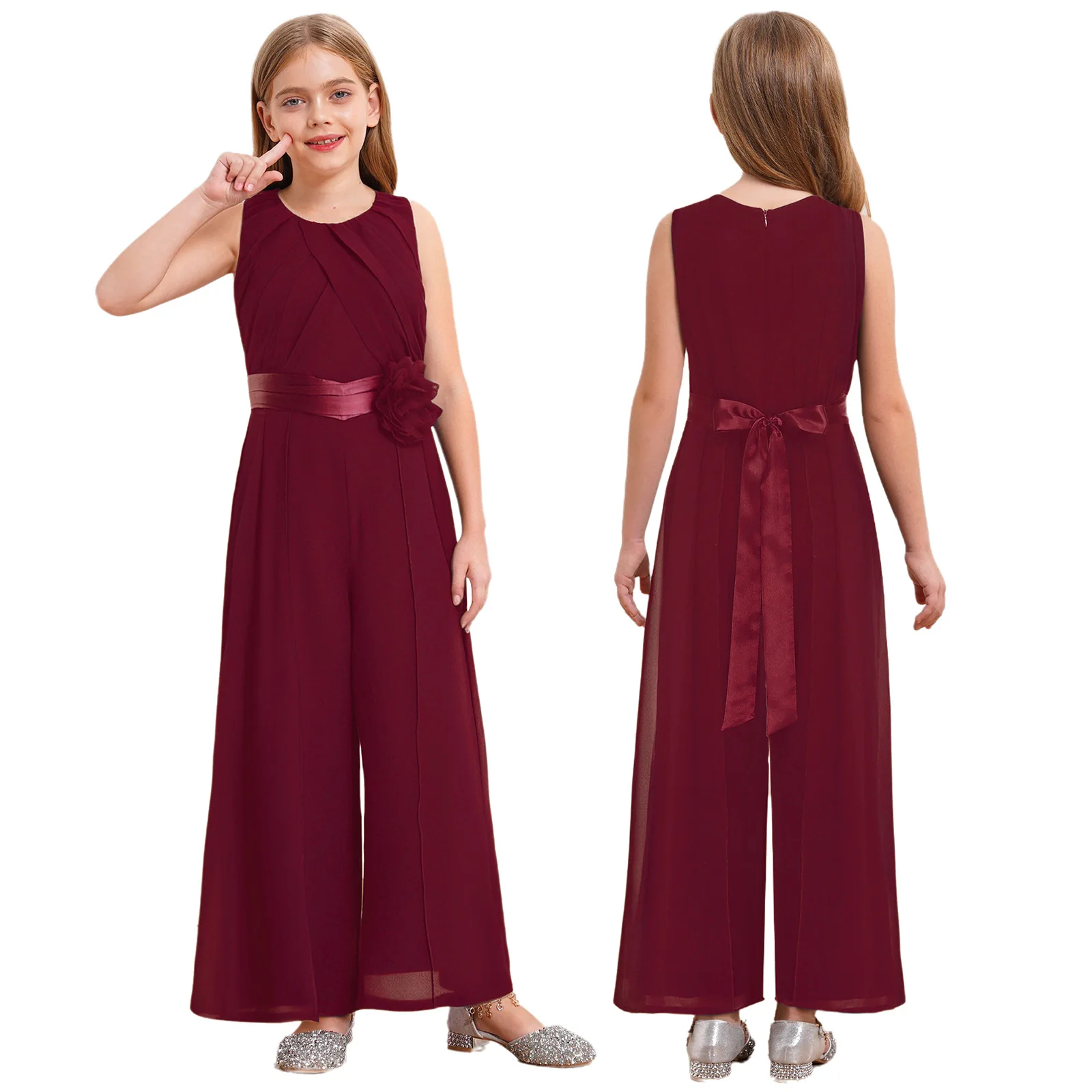 

Kids Girls Birthday Party Jumpsuit Summer Sleeveless High Waist Ruffled Chiffon Romper with Belt for Bridesmaid Wedding Banquet