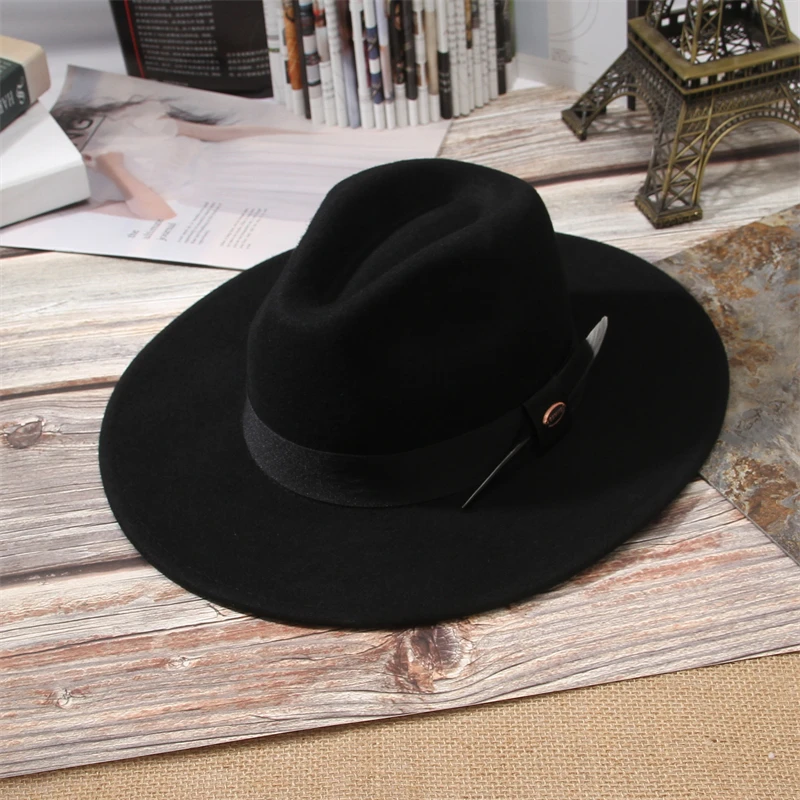 GEMVIE 100% Wool Felt Wide Brim Fedora for Man Women with Black Silver Feather Autumn Winter Panama Cap